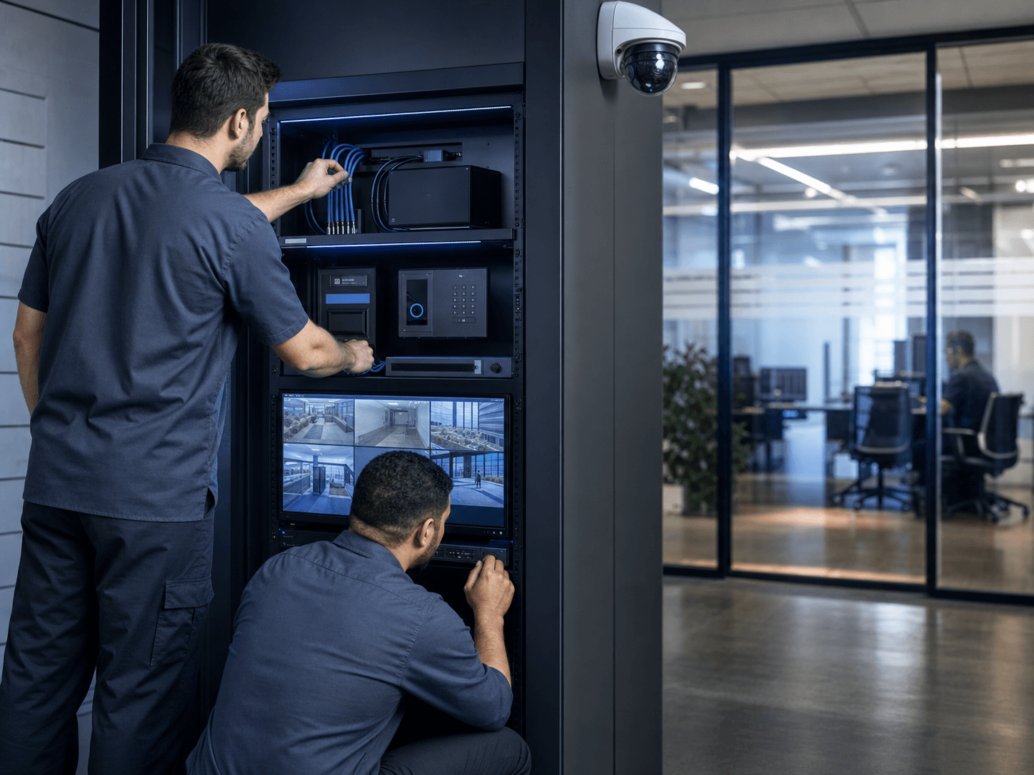 Tecnicos configurando sistema de seguridad empresarial con soporte anual