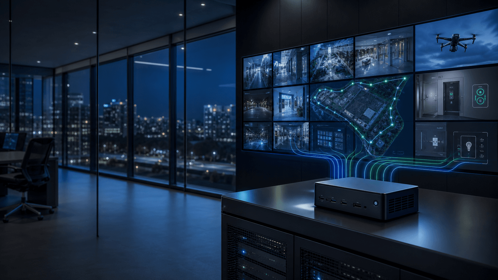 Centro empresarial de seguridad con IA, mini PC y monitoreo de dispositivos